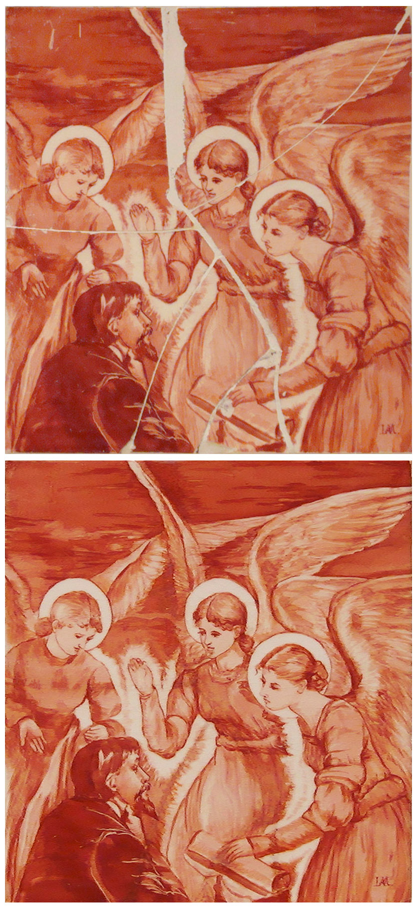 Before and after repair of a painted work broken into fragments — cracks and losses above, reassembled and compensated below