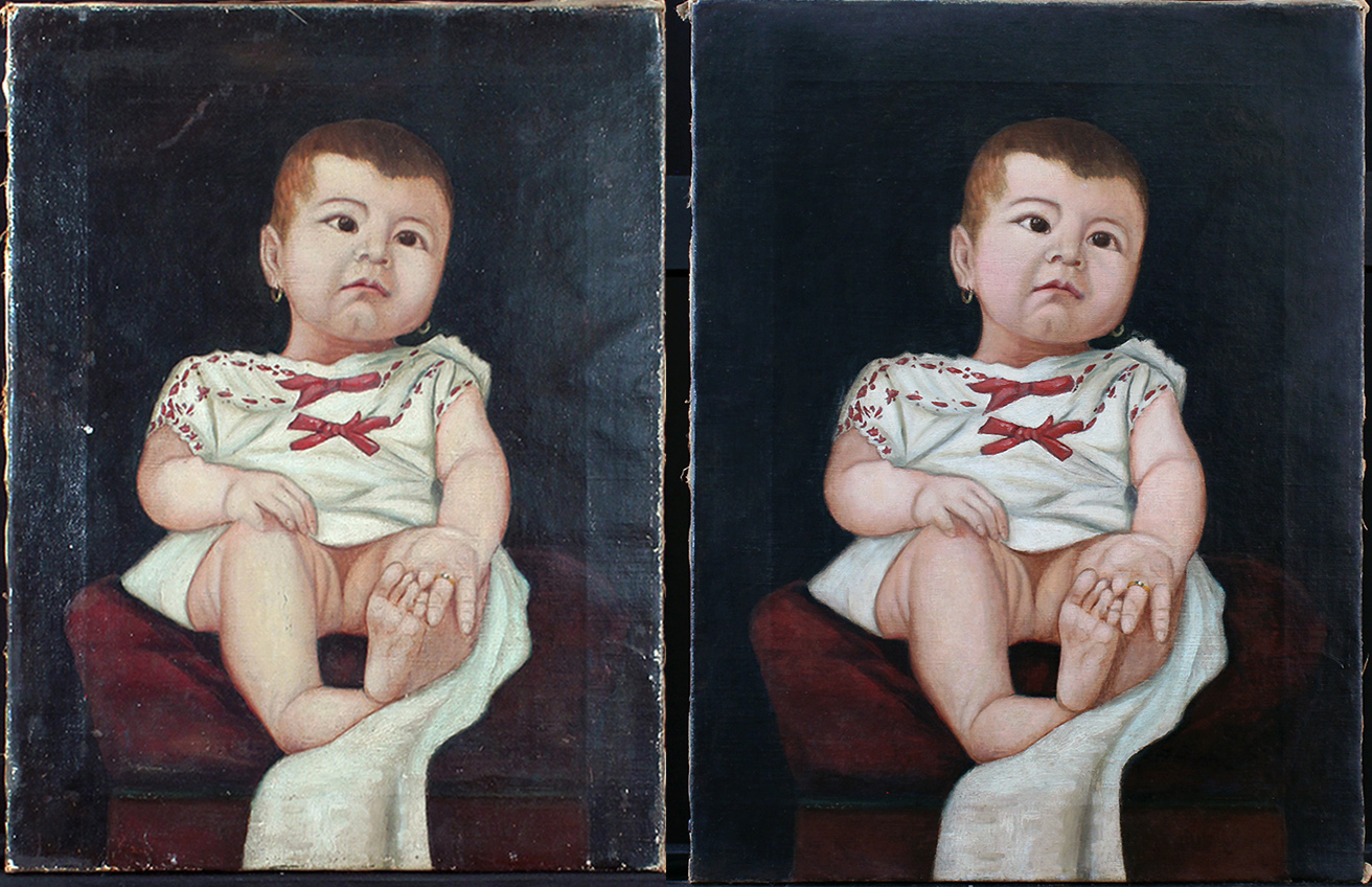 Before and after conservation of a folk portrait of an infant — worn edges and losses before, cleaned and secured after