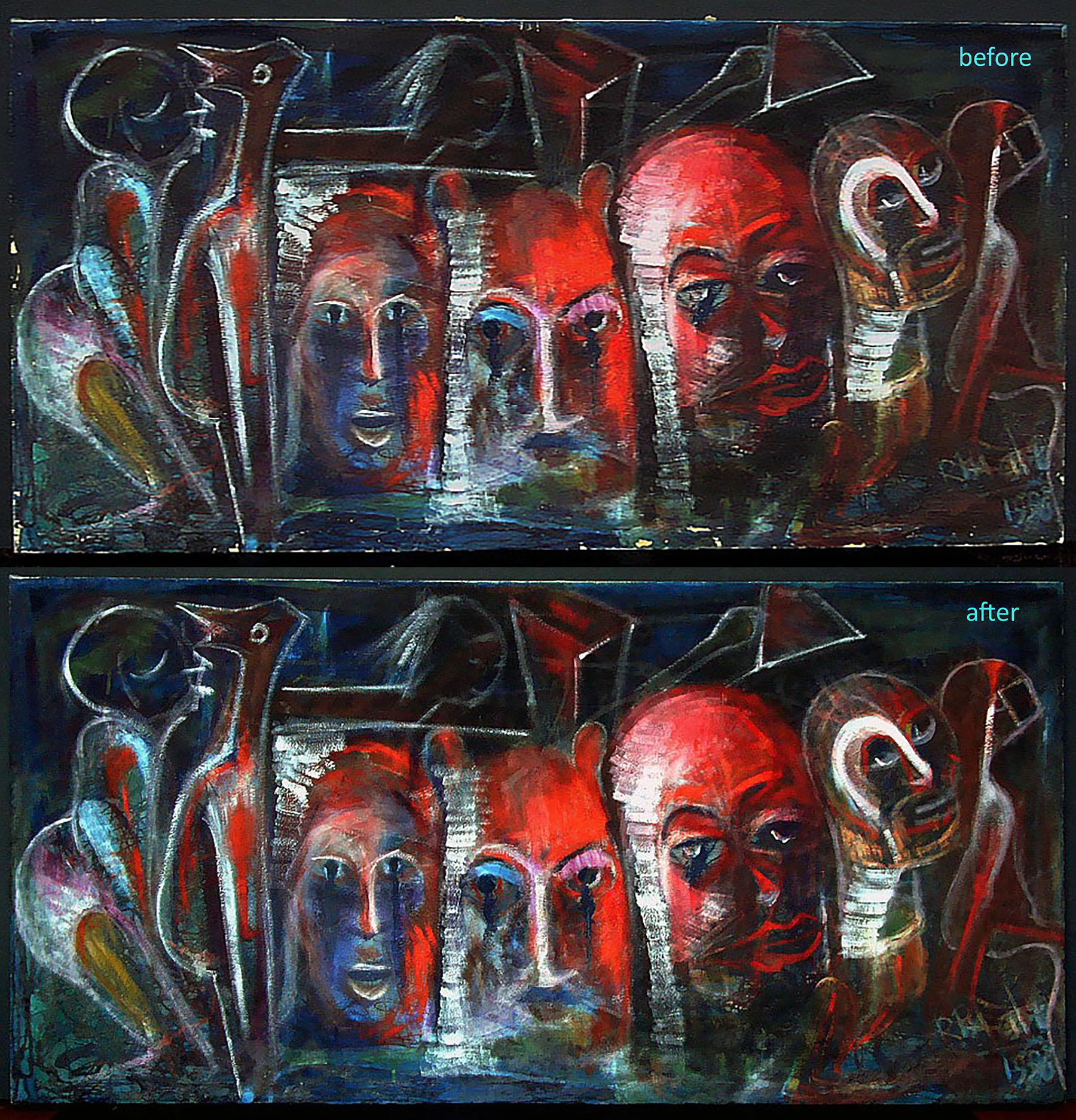 Before and after conservation of a modern painting of figures — surface losses above, recovered saturation below