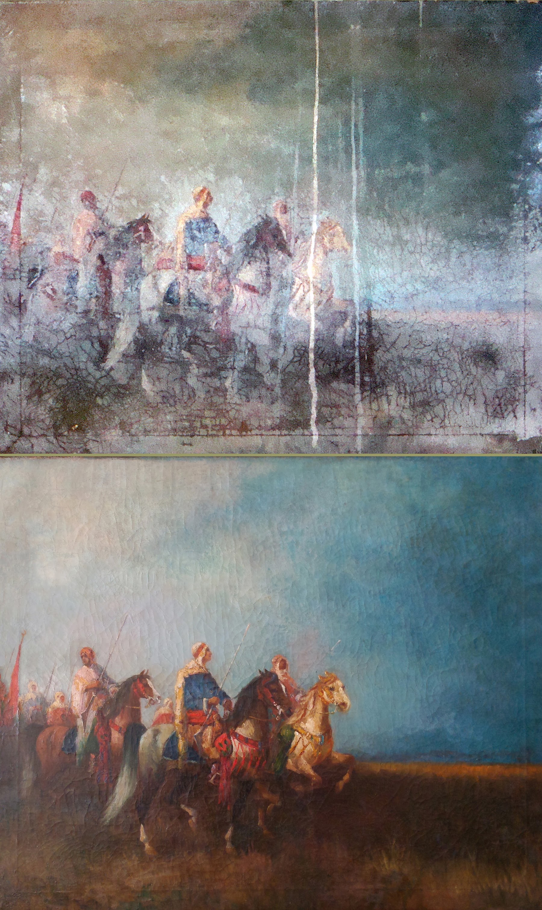 Before and after conservation of an oil painting of horsemen — discolored and abraded above, recovered color and sky below